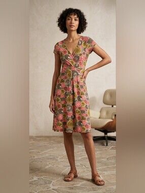 Boden Retro Floral Faux Wrap Jersey Dress Empire Waist Pink Green US 2 XS